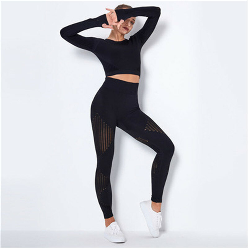 Conjunto de yoga 2021 novas mulheres 2 pçs sem costura esporte terno gymwear treino roupas manga longa ginásio colheita superior cintura alta leggings fitness