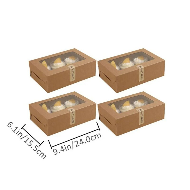 12Pcs 6-Grids Cake Boxes Paper Cupcake Packing Box (Kraft Paper, Stickers)