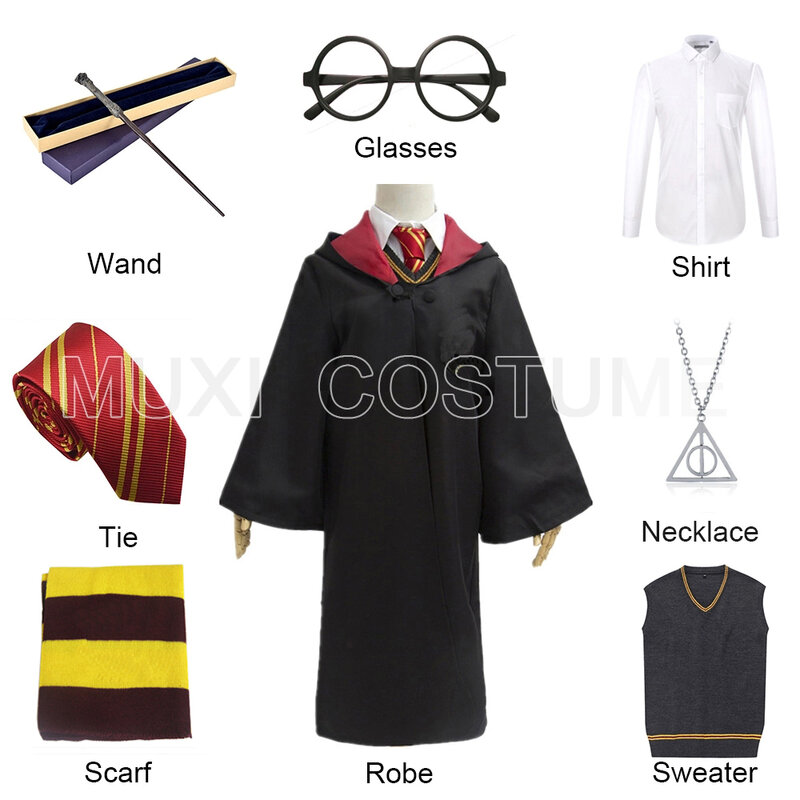 Robe Cloak with Tie Scarf Glasses Shirt Sweater Metal Core Wand Cosplay Costume
