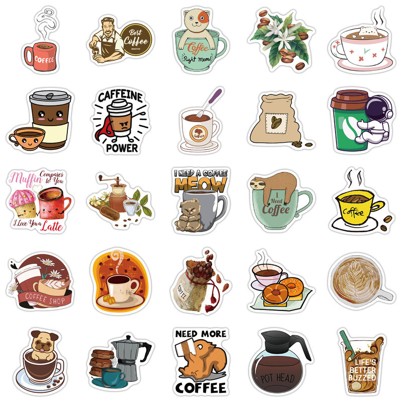 10/50PCS Cartoon Coffee Stickers PVC for Girl Kawaii Decals Sticker Toys DIY Stationery Luggage Suitcase Laptop Guitar Pegatinas