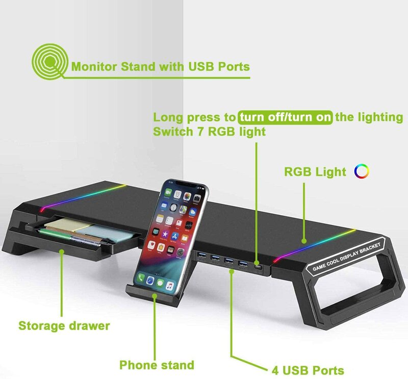 حامل شاشة Riser قابلة للطي ، RGB شاشة الكمبيوتر الناهض مع 4 قطعة منفذ USB ، حامل شاشة قابلة للطي مع تخزين درج