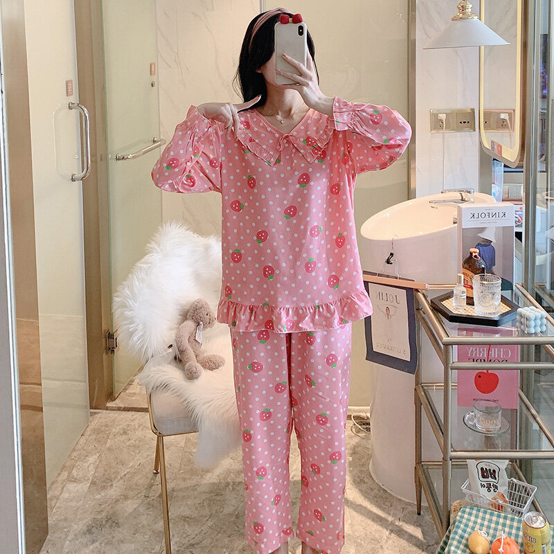 Piyama Poplin Perempuan Musim Semi dan Musim Gugur Lengan Panjang Manis Buatan Pakaian Katun Gaya Jepang Kotak-kotak Mungkin Pakaian Luar Boulette
