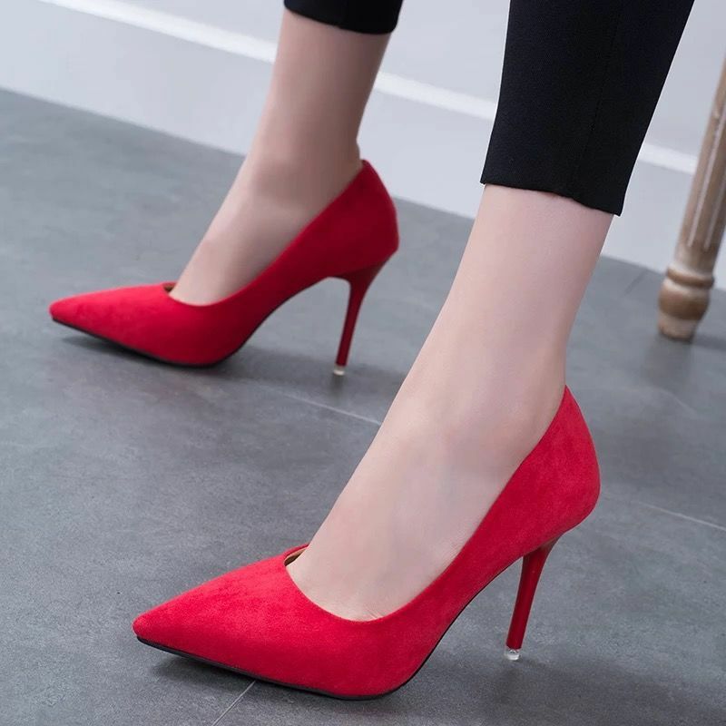 Zapatos de tacón alto para mujer, tacones de aguja puntiagudos, negros, etiqueta que combina con todo, profesionales, rojos, sexys, para primavera, 2021