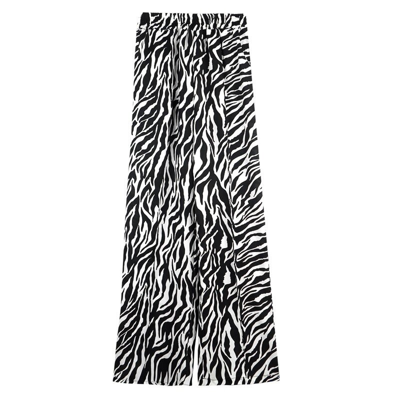 Frauen Breite Bein Hosen Zebra-Print Hosen Sommer Herbst Casual Hosen Damen Elastische Taille Flache Hosen Mode Streetwear