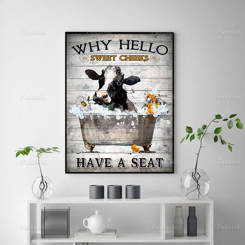 ทำไม Hello แก้มวัวและดอกไม้นั่งโปสเตอร์สัตว์ Wall Art พิมพ์ภาพวาดผ้าใบภาพห้องน้ำ decor