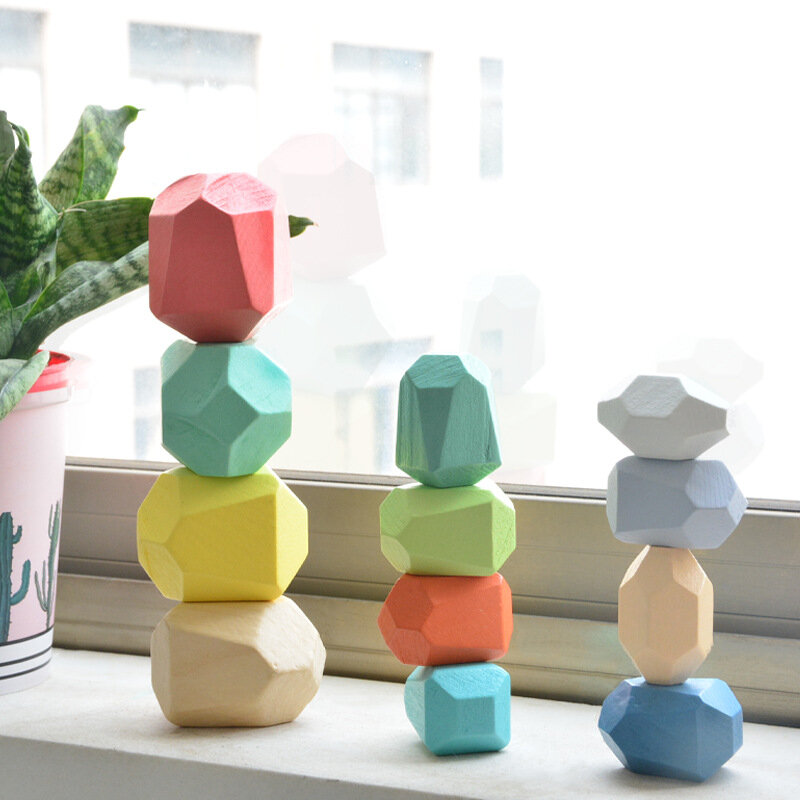 Brinquedo de pedras de madeira estilo nórdico conjunto de blocos de construção de madeira para presente, montagem em arco-íris montessori