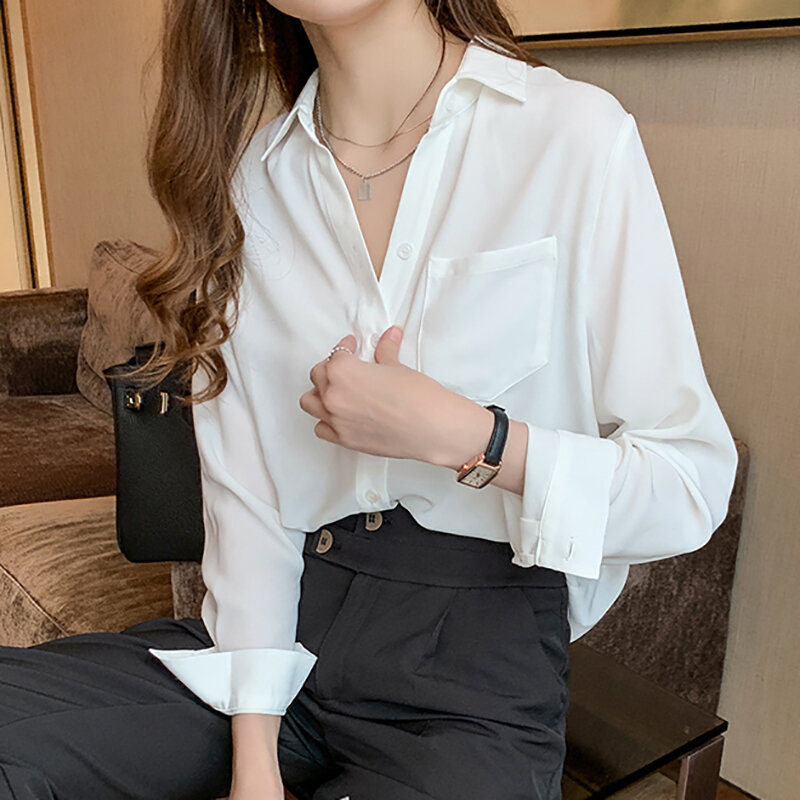 Shintimes biała koszula damska z długim rękawem kieszenie kardigan na guziki 2020 nowa, jesienna odzież szyfonowa bluzka bluzki damskie Chemisier Femme