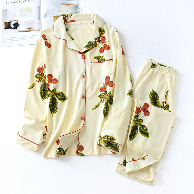 Conjuntos de ropa de algodón de manga larga para mujer, pijamas simples de talla grande, cómodos, para el hogar, primavera y otoño