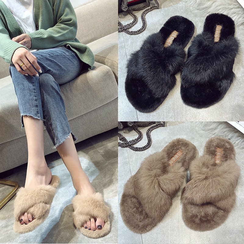 Zapatos de invierno esponjosos para mujer, Zapatillas planas de piel de conejo para el hogar, pantuflas de Casa cálidas y suaves de felpa, color negro, 2020