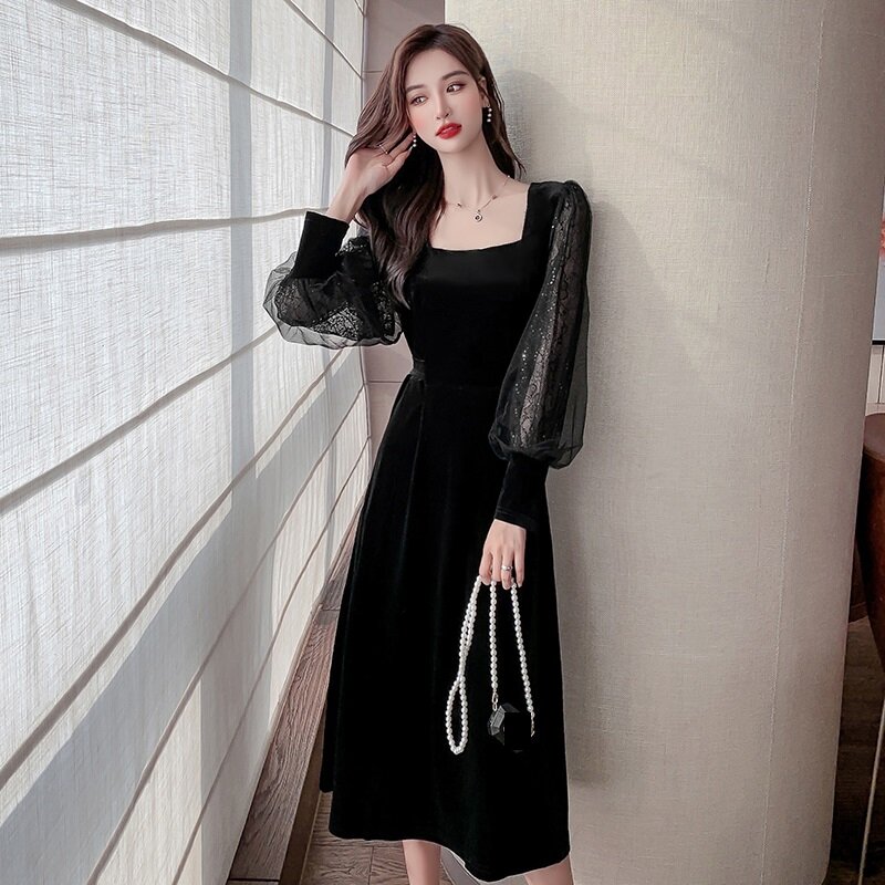 Hebe & eos outono inverno 2021 vestido preto gola quadrada manga longa feminino vestido de veludo com renda elegante festa vestido longo coreano