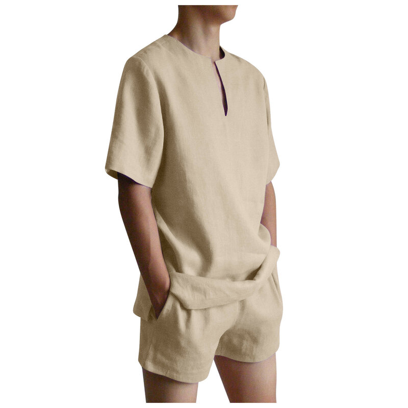 Conjunto de shorts de manga curta masculino, 51 #, verão, cor sólida, algodão, roupa de duas peças, homens, respirável, casual, conjuntos de 2 peças 2021