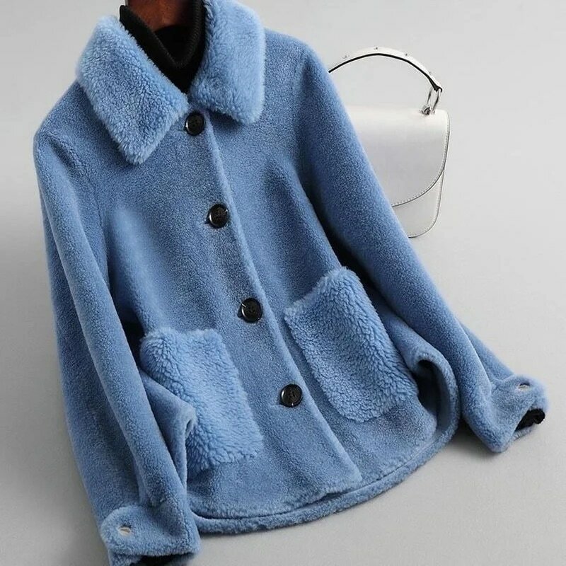 Casaco de pele de carneiro verdadeiro feminino, jaqueta granulada genuína de tosquia de ovelha, casaco casual feminino quente, outono, inverno, X106