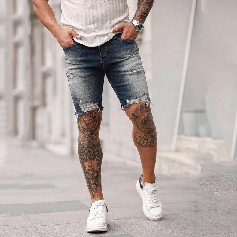 Nova marca nova streetwear homens hip hop shorts calças de brim curtas harajuku do vintage destruído jeans magros rasgado calça desgastada denim