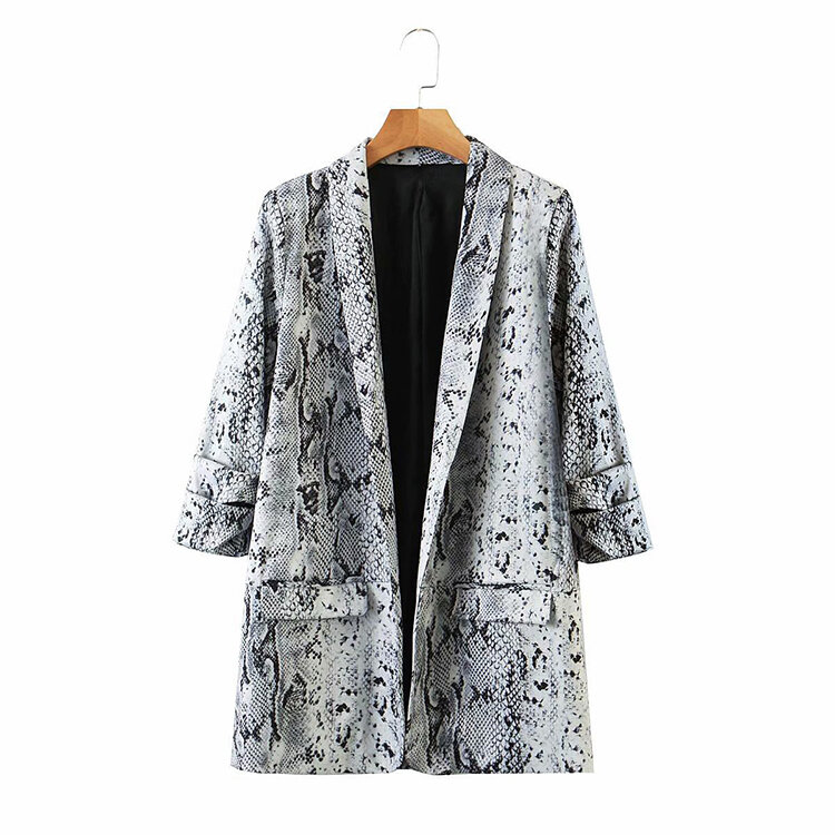 Senhoras femininas lapela bolso serpentina imprimir terno jaqueta solto de cinco mangas pequenas terno casaco superior