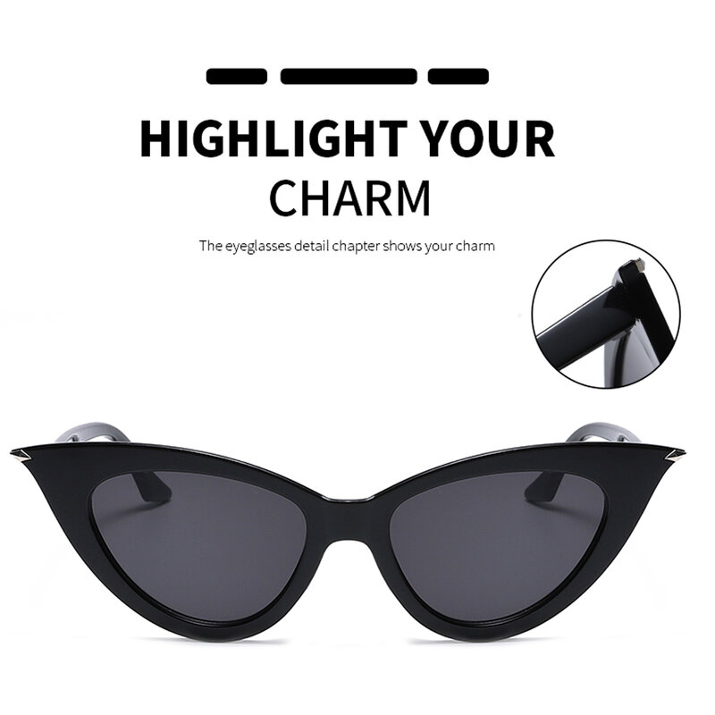 نظارة شمسية مثلثة للنساء ، عدسات بمفصلات معدنية كبيرة الحجم على شكل عين القطة ، عصرية ، عدسات المحيط الشفافة UV400