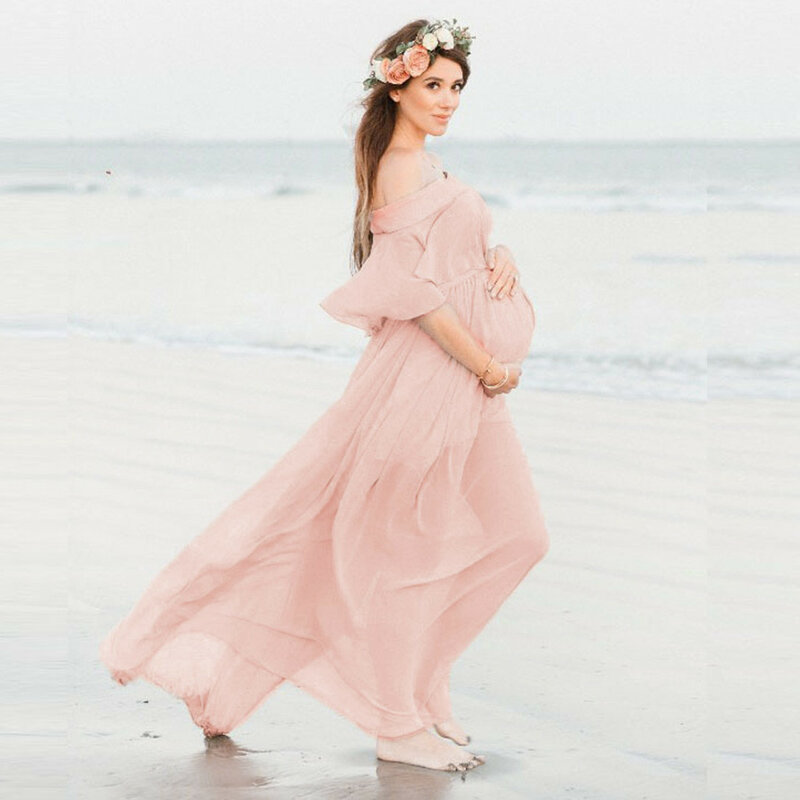 Maternity Dress Women's Pregnants Folded Shoulder Photo Photography Props Платье для беременных Short Sleeve Ruffles Solid Dress