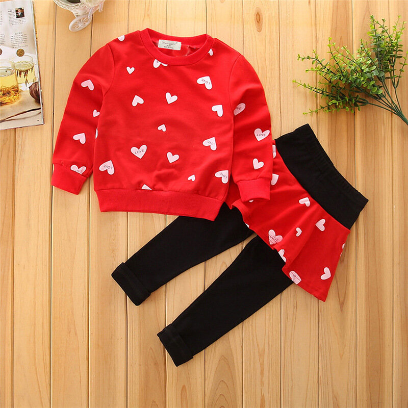 Girls Cartoon Love Long-sleeved Sweater Culottes Two-piece Suit Toddler Girl Clothes Kids Clothes Girls Fashion Clothes