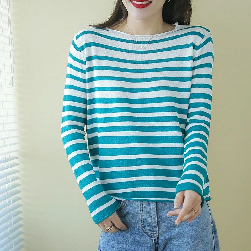 여성 풀오버 스웨터 봄 패션 줄무늬 캐주얼 풀 슬리브 라운드 넥 세련된 여성 얇은 스웨터 니트 점퍼 탑스