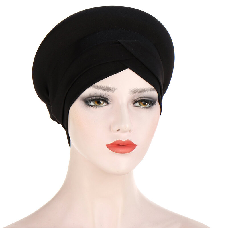 Muslim Women Cross Silky Sponge Headscarf Turban Hat Chemo Headwear Headwrap  Elastic Pleated Hair Loss Beanies Chemo Cap