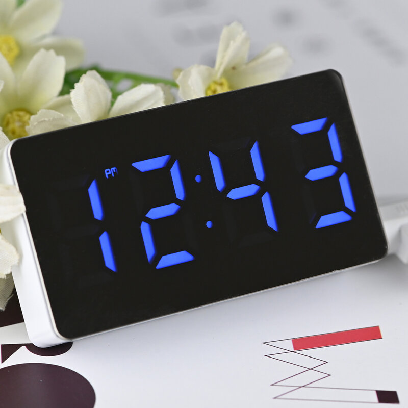 Cermin LED Jam Digital Jam Alarm Jam Meja Tunda Jam Bangun Bisu Kalender Dapat Diredupkan Jam Desktop Elektronik Dekorasi Rumah