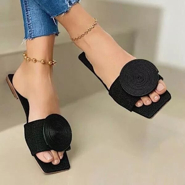 2021 Women's Fashion Casual Pure Color Disc Cloth Square Head Flat Heel Comfortable Trend All-match Sandals and Slippers 1KB098