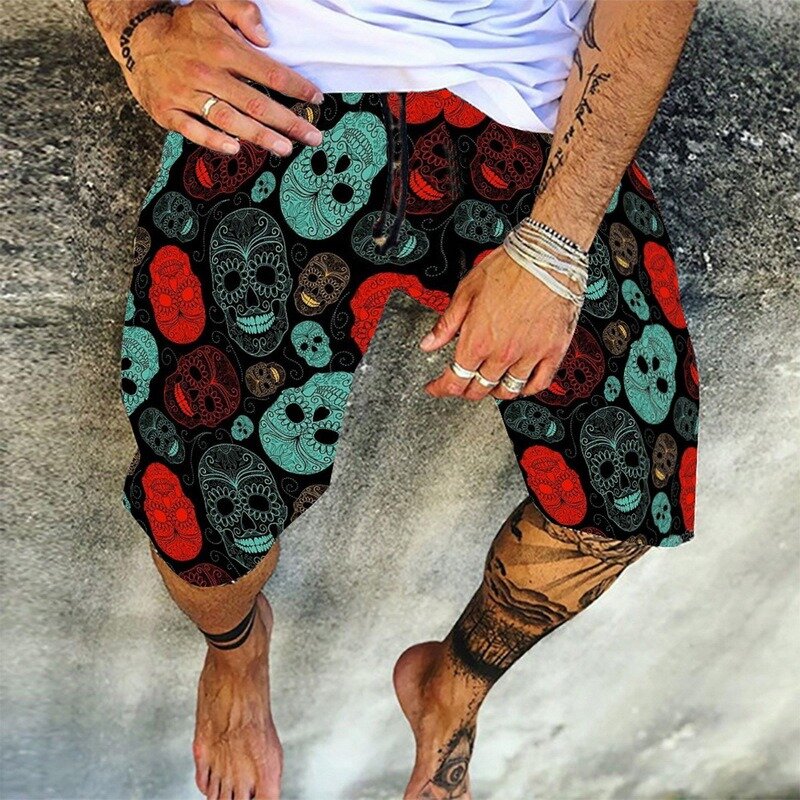 Шорты мужские с принтом черепа, хлопок и лен, повседневные свободные пляжные короткие штаны с кулиской, лето 2021