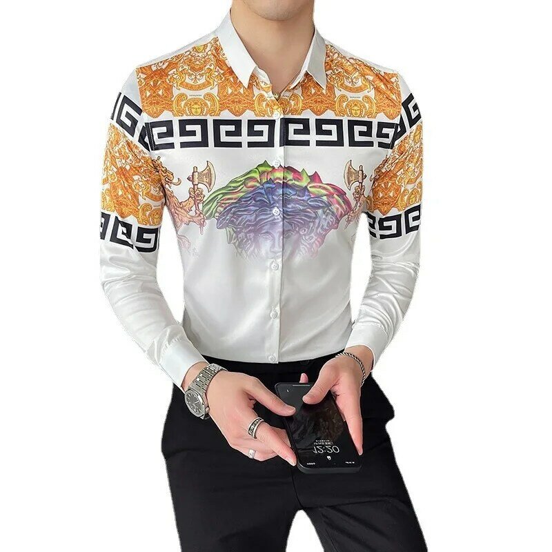 Camisa Retro con estampado Digital europeo y americano para hombre, camisa informal de manga larga, cuello en punta