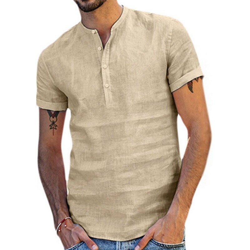 Lino de camisas de manga corta para hombre, camisas informales holgadas y transpirables, ajustadas, de algodón sólido, pulóver, 2021