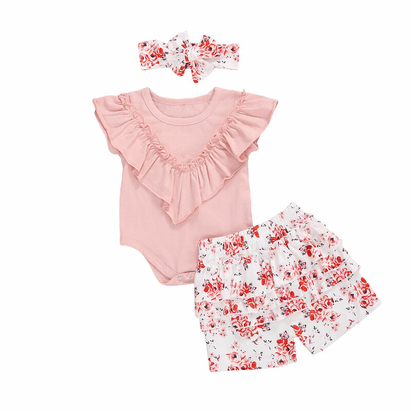 2020 ฤดูร้อนเด็กทารกชุดรอบคอแขนกุดRuffle Bodysuits + กางเกงขาสั้นพิมพ์ลายดอกไม้ + แถบคาดศีรษะ 0-24Mเสื้อผ้า...