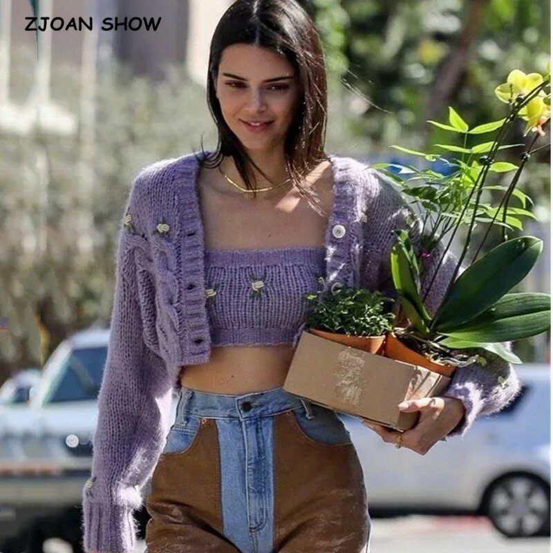 1 set 2020 Spring Korea Style Vintage  Embroidery Flower Cardigan Tank Top V neck Single-breasted Button Knitted Sweater Jumper