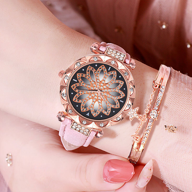 Conjunto de relojes de pulsera con cielo estrellado para mujer, pulsera de cuarzo de cuero informal, 2020