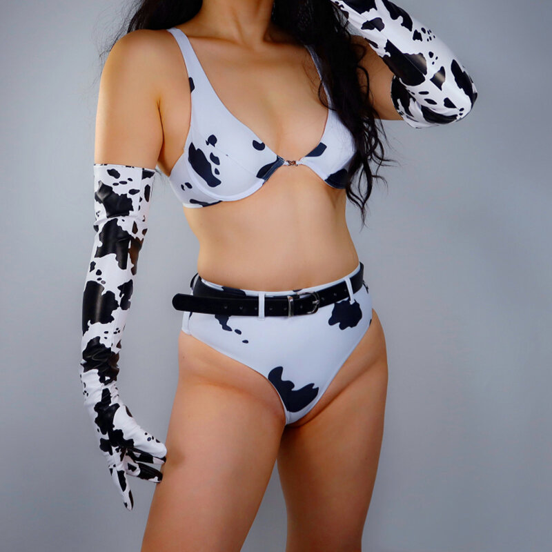 Guanti lunghi in pelle donna 60cm modello di mucche ecopelle pelle di pecora moda nero bianco contrasto animale stampato donna WPU311