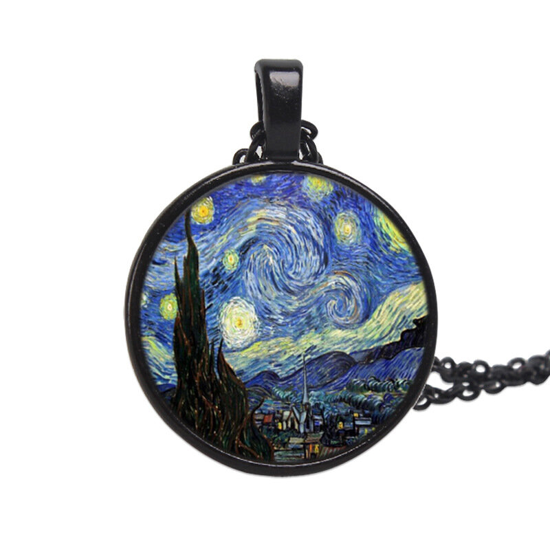 The Starry Night by Vincent Van Gogh, pendentif souvenir fait à la main, collier avec photo d'art en verre, 1889