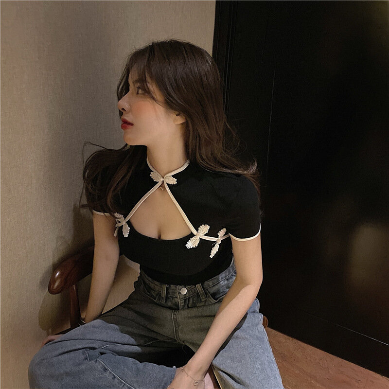 Women's Top Chinese Cheongsam Style Hollow Out Short Tops 3 Solid Colors Short Sleeve Improve Design Midriff-Baring Tight Tee