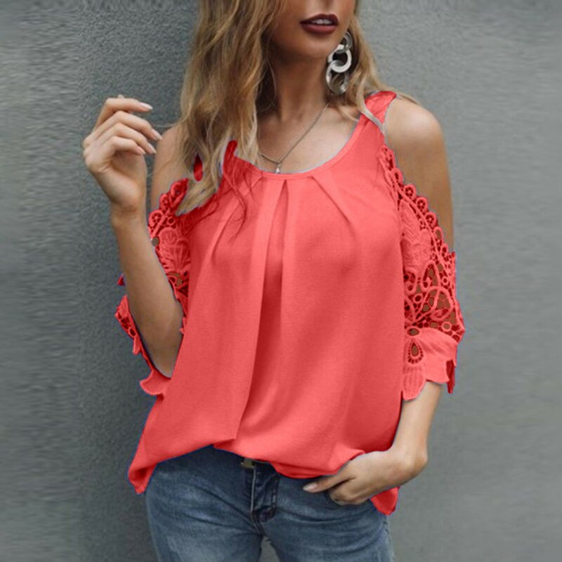 女性用半袖シャツ,ルーズでくり抜かれたレースブラウス,ピンク,ラージサイズ,5XL