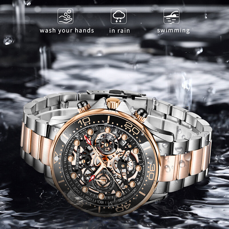 男性用のlige防水カジュアル時計ユニセックスハードレックスミラー中空彫刻デザインクォーツマンの腕時計クロノグラフ、ストップウォッチ