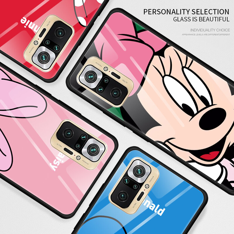 Mickey Minnie Paar Voor Xiaomi Redmi Note 10 Pro Max 10S 9T 9S 9 8T 8 7 Pro 5G Luxe Gehard Glas Telefoon Case Cover