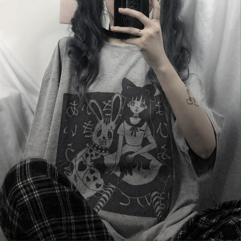 Camiseta harajuku de manga corta con cuello redondo para mujer, ropa de calle de talla grande holgado, estética gótica Punk, dibujos animados, de verano, envío directo