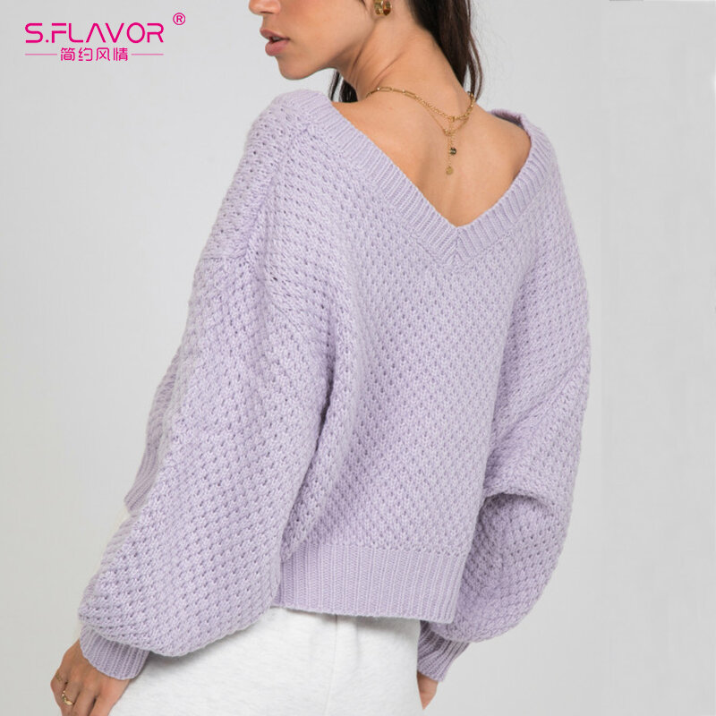 S.FLAVOR 봄 가을 새로운 스타일 v-목 느슨한 스웨터 여성 니트 긴 소매 풀오버 솔리드 컬러 따뜻한 스웨터 여성을위한