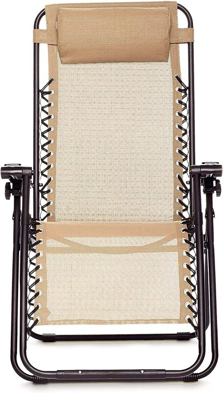 Silla de salón reclinable plegable de gravedad cero para exteriores, sillón ajustable de Textilene con almohada, color Beige