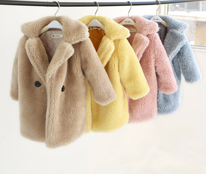 2-12 Years Children Faux Fur Coat Baby turndown collar Thicken Warm Jacket Girls Long Overcoat Winter Kids girls Casual Outwear