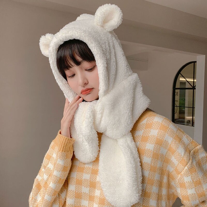 Urso quente chapéu cachecol com capuz bib feminino inverno imitação de cabelo cordeiro japonês espessamento bonito urso orelhas maré inverno calor artefato