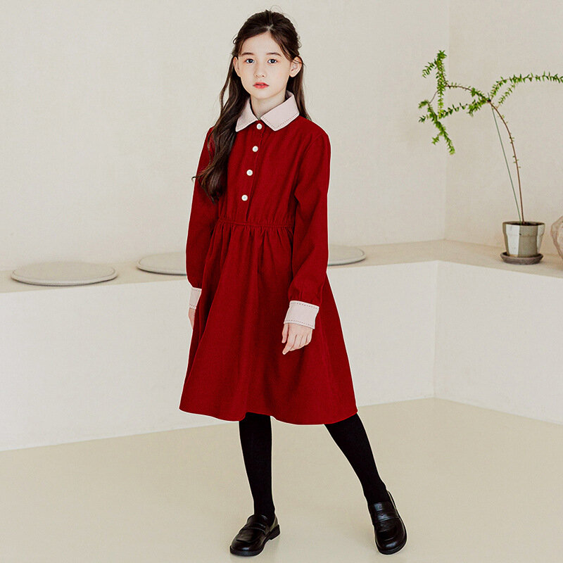 女の子のための秋のドレス,6〜16歳,ボタン,パッチワーク,子供服,長袖,折り返し襟,赤,#6521