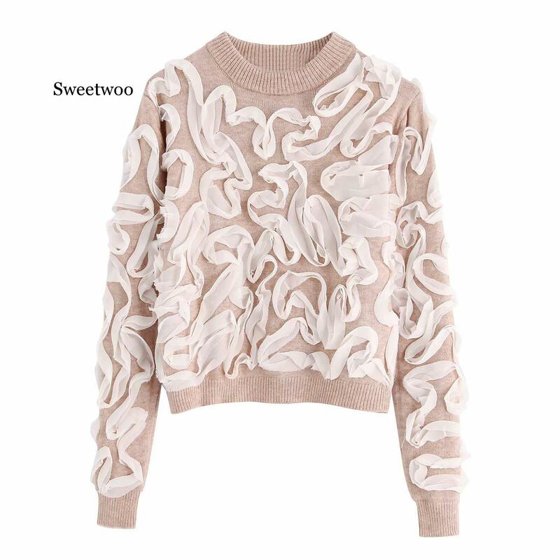 Women New Vintage Trim Ruffle Knitted Sweater Women Pullovers Spring Winter O Neck Long Sleeve Crop Sweater Casual Chic Tops