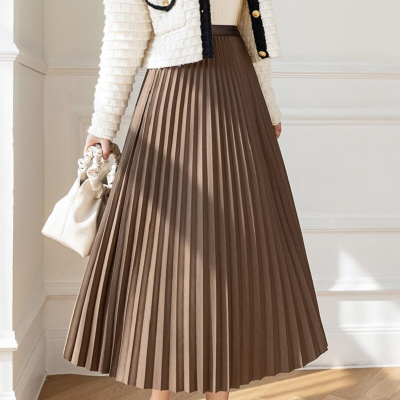 Wisher&Tong Pleated Skirt Women Vintage Black Skirt Elastic High Waist Midi Knitted Skirt Korean Female Autumn Winter 2021
