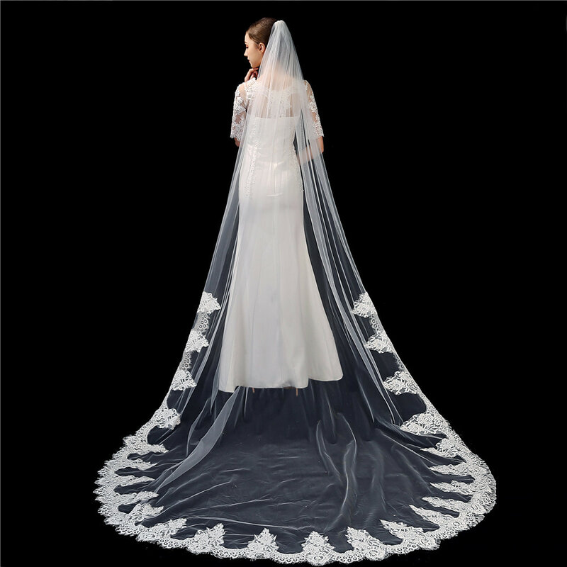 Voile de mariée avec peigne, bord en dentelle, une couche appliquée, 3m, nouvelle collection 2021