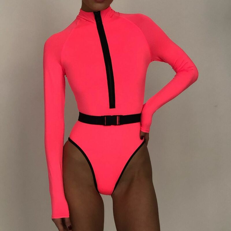 Sexy Zipper Sports One Piece Swimsuit Long Sleeve Neon Swimwear Women Belt Bodysuit High Cut Surf Suits Rash Guard Bathing Suit