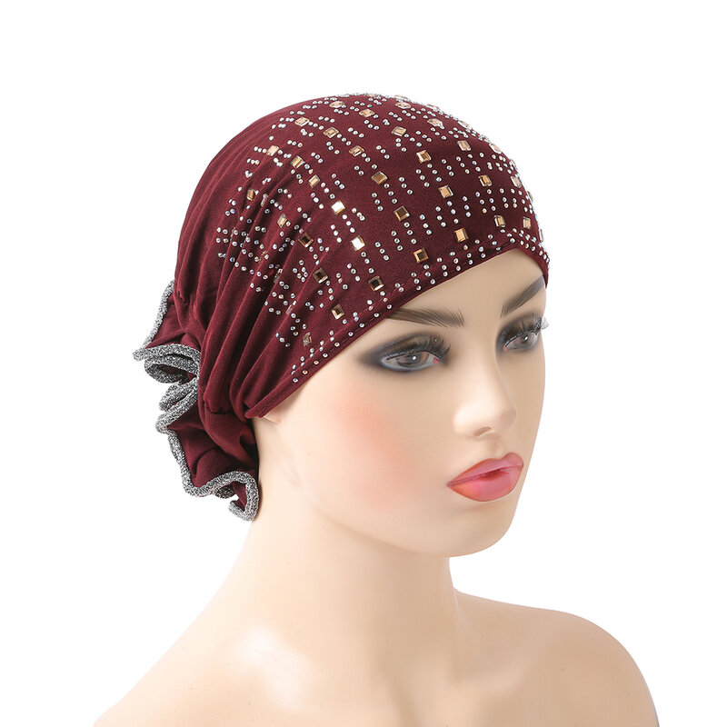 H008 High quality muslim hats with rhinestones pull on islamic scarf with flower on back turban hijab bonnet inner caps