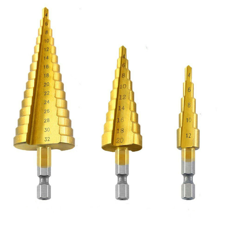 Broca cone revestida de titânio com gradação, 3 pçs/cj ferramentas de perfuração, metal, aço de alta velocidade, 3-12mm, 4-12mm, 4-20m