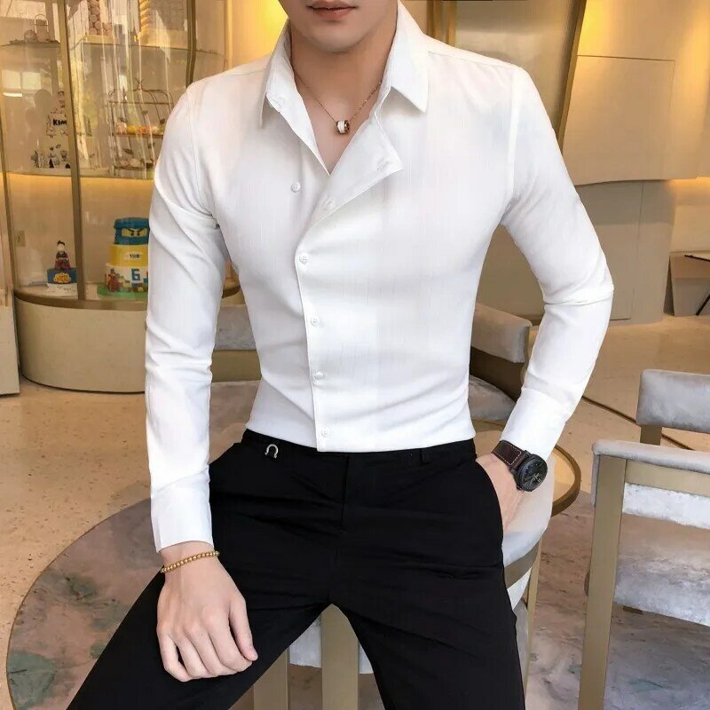 Gaun Kemeja Warna Solid Kualitas Tinggi Kemeja Pria Pas Badan Baru Kemeja Lengan Panjang Solid Pakaian Tuksedo Pria Camisa Masculina